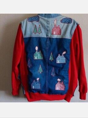 Vintage Reworked Denim Sweatshirt Jacket, Embroidered Cottage, Red & Blue M/L